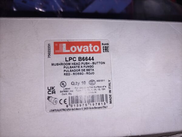 Lovato Electric LPC B6644 Red 40mm Mushroom E-Stop Push Button — Box of 10 (New)